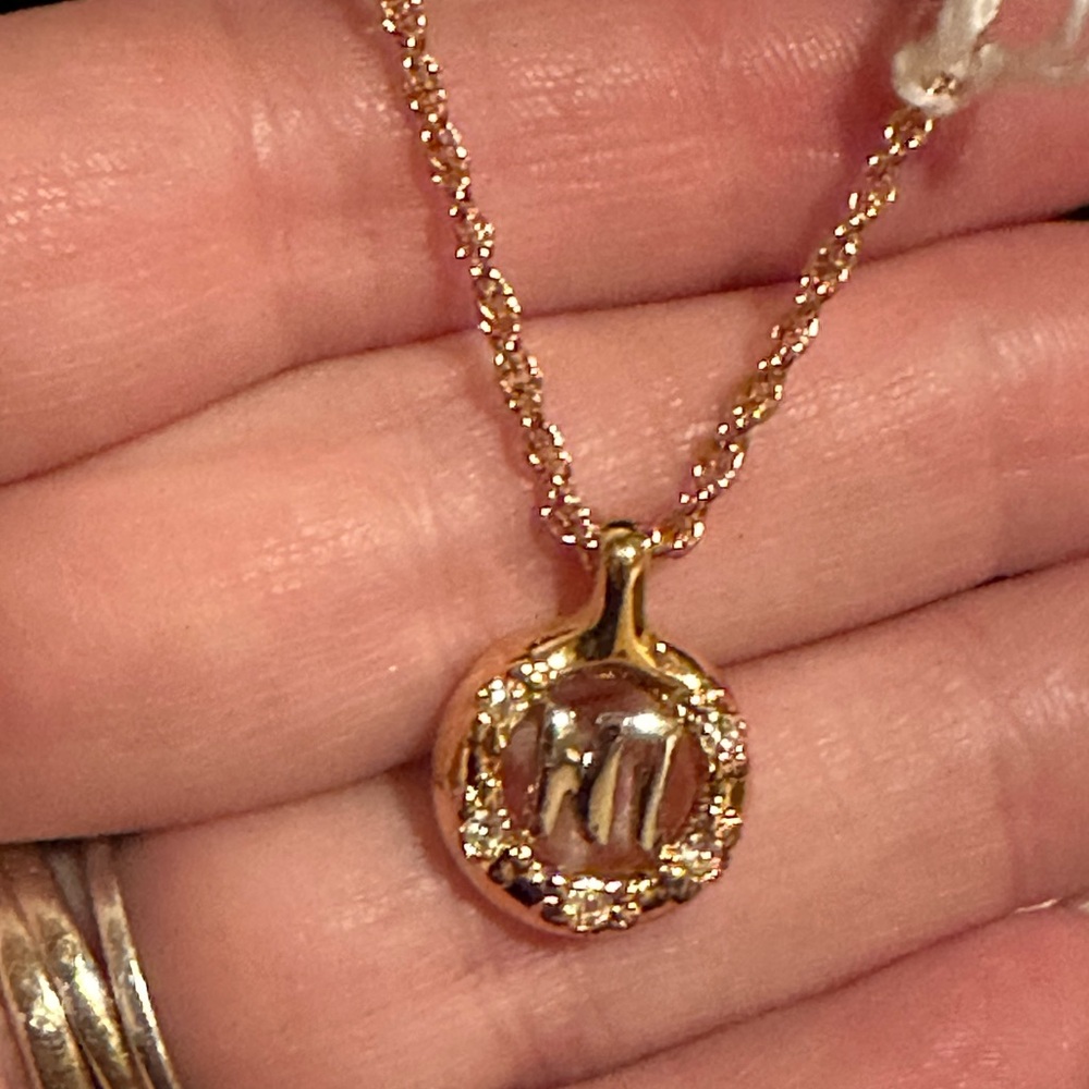 NWT- Nina Ricci Rhinestone Logo Necklace Gold Color